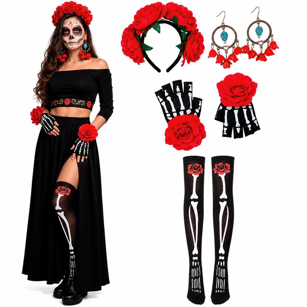 Kit Caveira Mexicana Acessórios pra Fantasia Halloween Feminina Com Tiara Luvas Meia e Brinco
