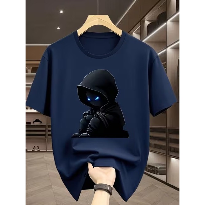 Camiseta Azul Marinho Manga Curta Estampada Personagem Capuz Olhos Brilhantes Confortável Linda Moderna Estilosa