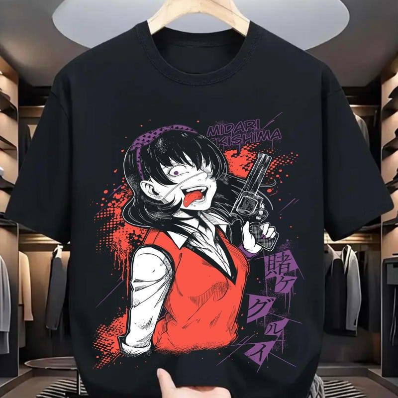 Camiseta Unissex Premium de Algodão Com Estampa Anime Kakegurui Midari, Cor Preta, Estilo Urbano Casual, Para Passeio