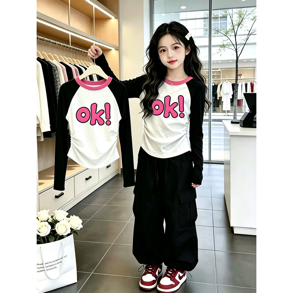 Meninas de manga comprida camiseta outono versão coreana contraste cor moda impressa grandes crianças magro-ajuste pliss