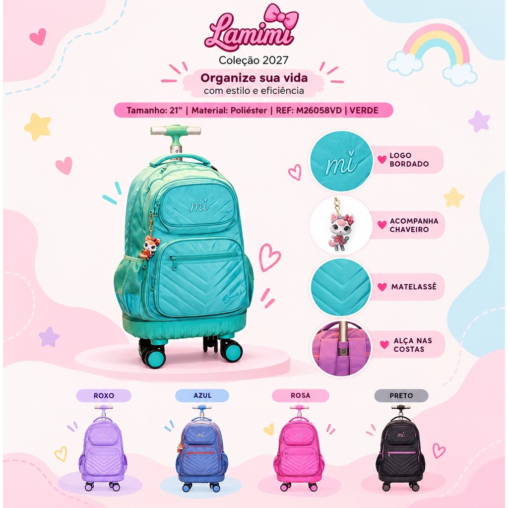 Mochila Escolar Feminina Rodinhas 360° Preta Rosa Resistente infantil