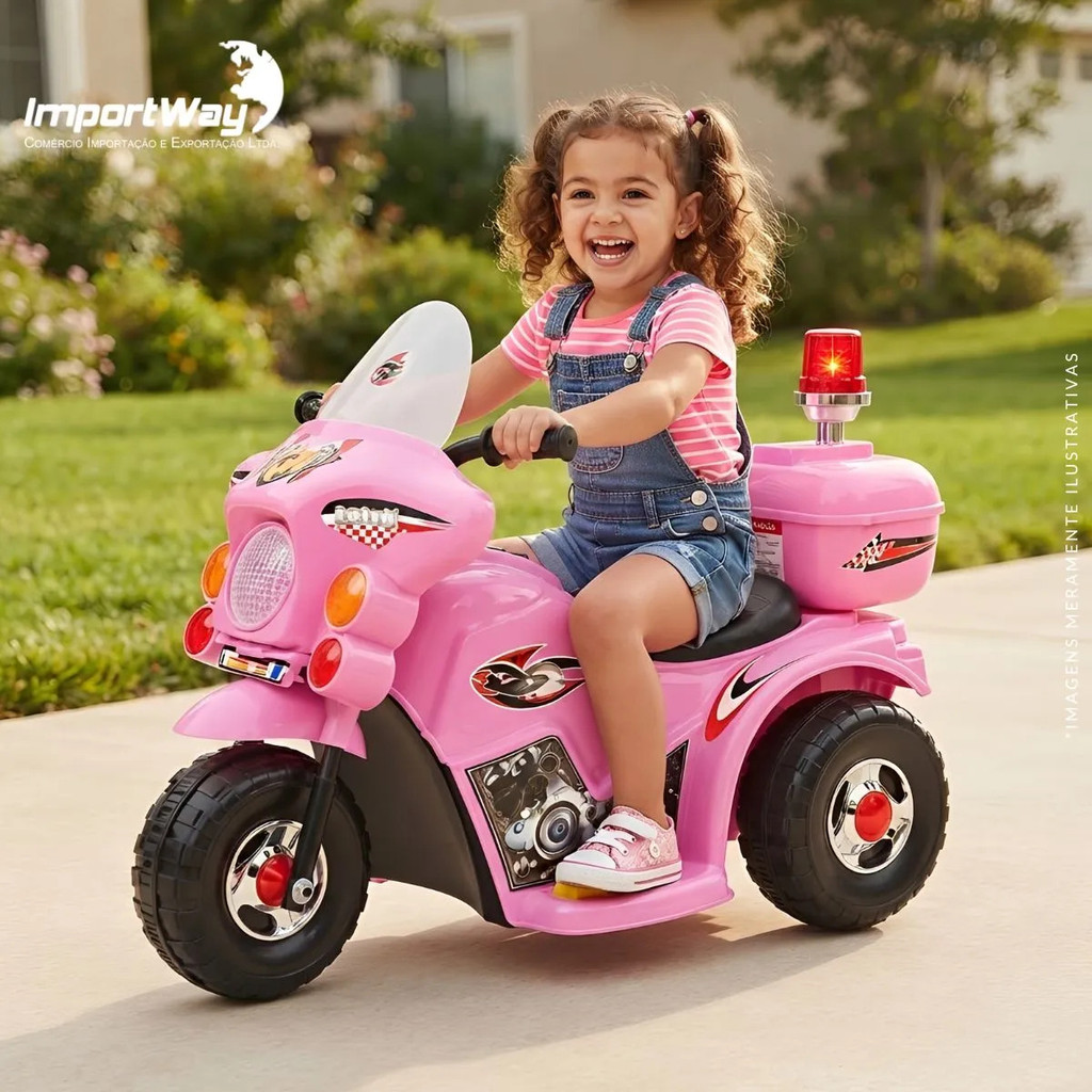Mini Moto Elétrica Infantil Triciclo Policial 6V Rosa Com Sirene Farol Luz Som Porta Objetos Frente E Ré — imagem 2 de 2