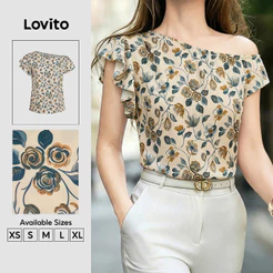 Lovito Blusa Boho Ombro a Fora Flores com Babados Cáqui Primavera/verão para Mulheres BLB201P1D192