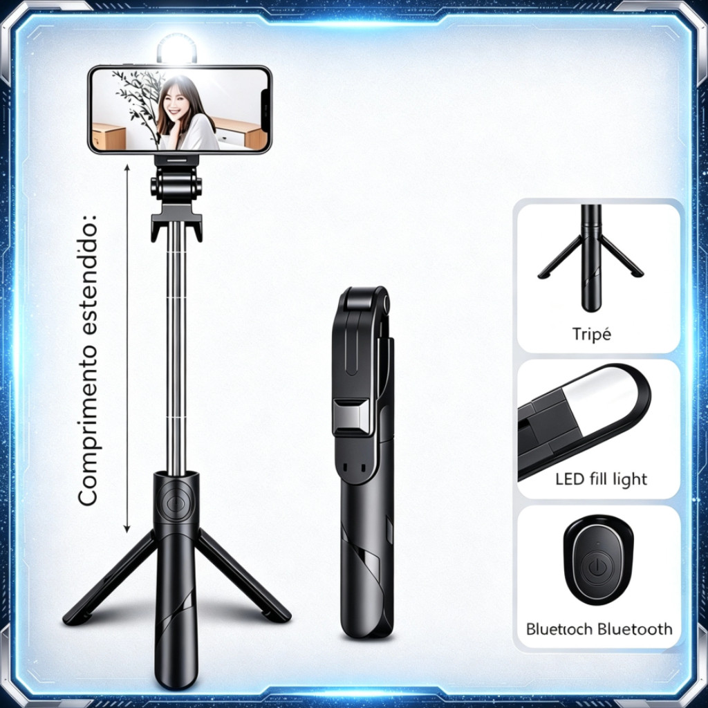 Tripé Pau de Selfie Retrátil com Luz LED, Controle Remoto Bluetooth para Celular, Gravação de Vídeo e Lives