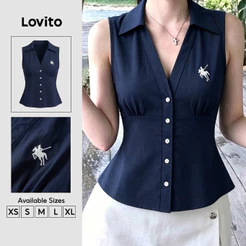 Lovito Elegante Blusa com Bordado Superior Botão Frontal Azulmarinho Primavera/verão para Mulheres TKK9P1D1242