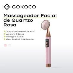 GOKOCO Massageador Facial Elétrico Quartzo Rosa com 3 Cores LED, Vibração, Aquecimento 45°C e Display Digital