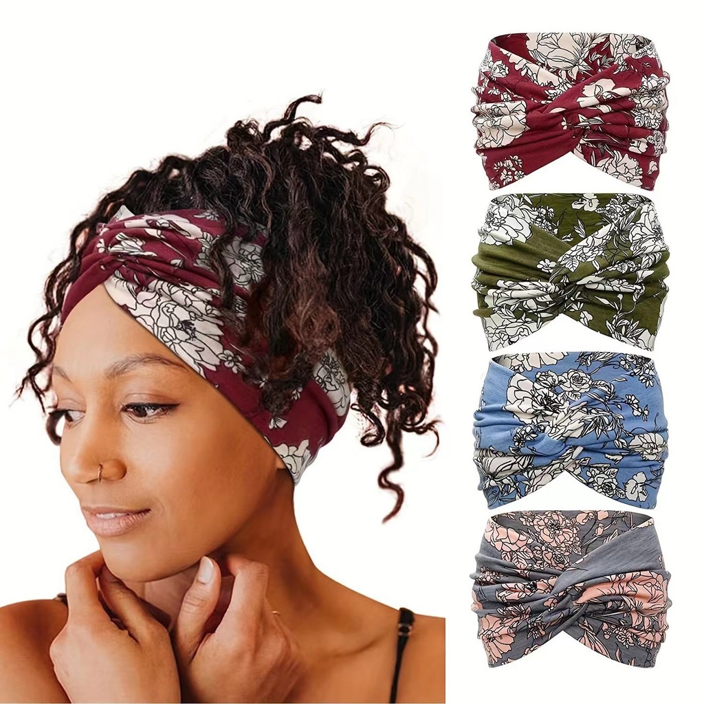 Faixa de cabelo feminina elástica com nó cruzado, para yoga e esportes, com borda extra larga e decoração tridimensional