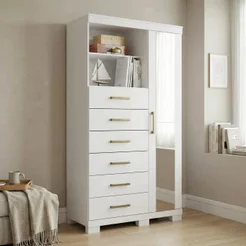 Cômoda Sapateira Multiuso 6 Gavetas 1 Porta com Espelho e Pés Marabá Branco Branco