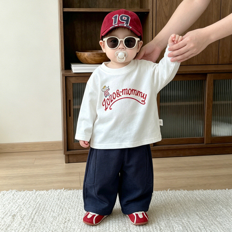 Menino bebê primavera outono carta de manga comprida camiseta crianças simples impresso topo solto calças da marinha ter