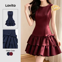 (New Arrival) Lovito Casual Vestido Curto Evase Borgonha Camadas Laço Frontal Primavera Verão Fim De Semana Para Mulheres DRB204P1D063