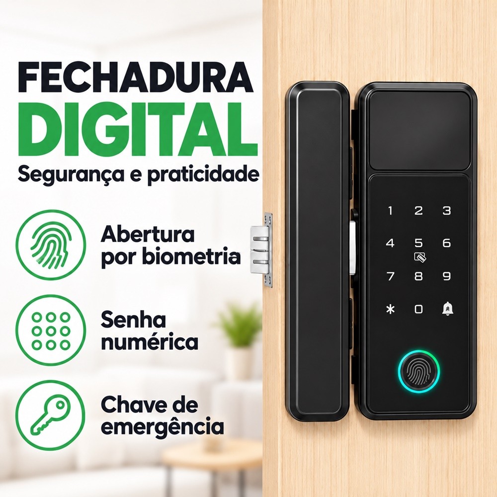Fechadura Digital Biométrica Senha Teclado Iluminado Para Porta Madeira Apartamento Residencial VisionTech_