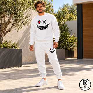 Conjunto de moletom Smiley desenhos Gola redonda moda casual solto moletom masculino e Feminino Blusa + Calça moletom