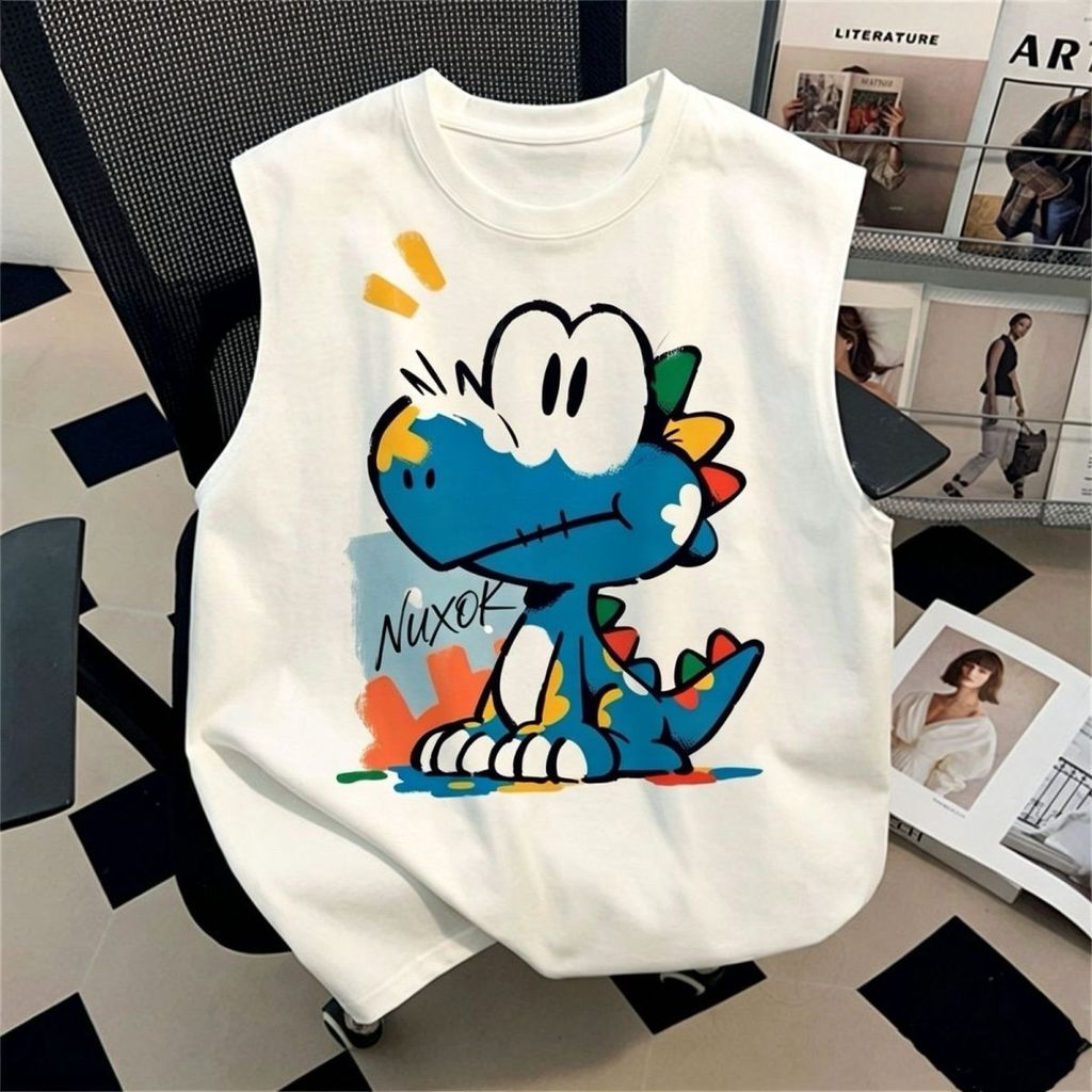 Bonito dos desenhos animados dinossauro impressão crianças sem mangas camiseta bonito engraçado na moda topo verão Casua