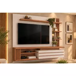 Painel Quarto p/ TV até 55 Pol Marin c/ 1 Porta e Torre Ripada 160x153cm Off White/Freijó - DJ Móveis
