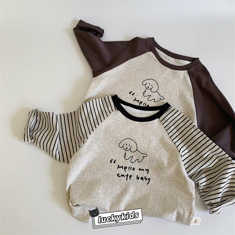 100 % Algodão Crianças Meninos Filhote De Cachorro Carta Impressão Retalhos Manga Longa Camiseta Outono Primavera Bebê M