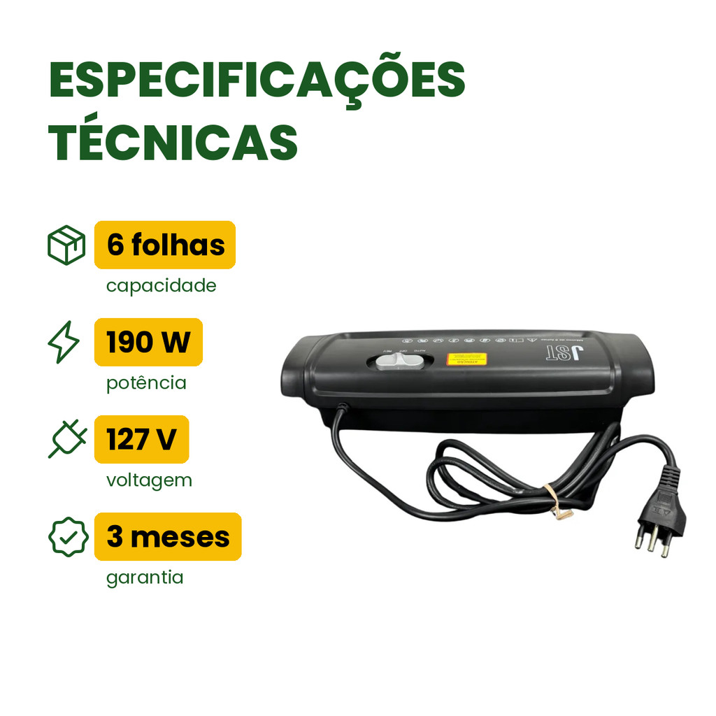 Fragmentadora de Papel JST JFP6S 6 Folhas Sem Cesto Corte em Tiras 127V — imagem 2 de 2