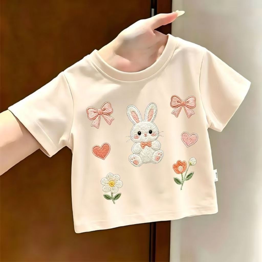 Verão crianças novo estilo imitação bordado coelho impresso puro algodão camiseta meninas All-Match de manga curta bebê 