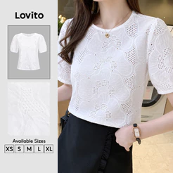 Lovito Elegante Blusa Ilhó Bordado Lazer Estrutura Linha Primavera/Verão Blusa Branca Para Mulheres L135ED413
