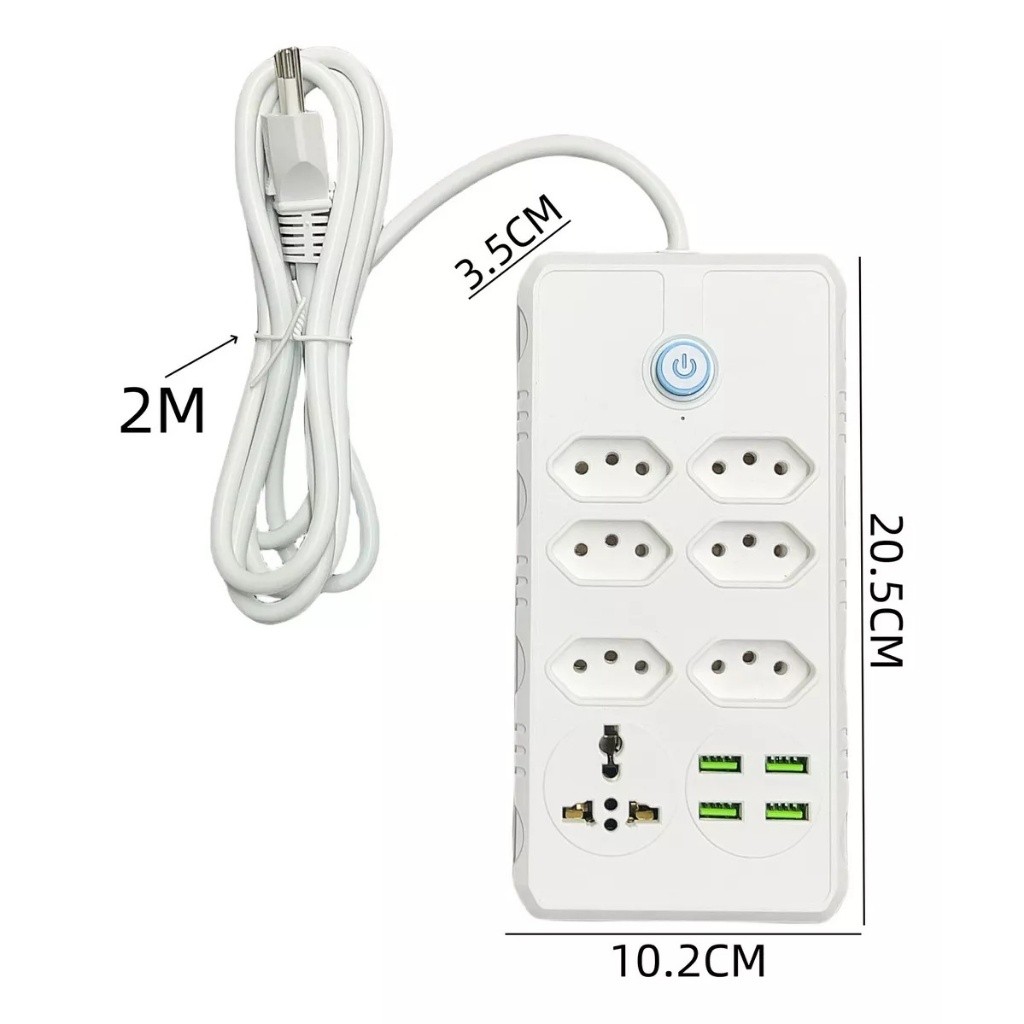 BRANCO Régua Filtro de Linha com 7 Tomadas Extensão Elétrica 1 Universal 4 USB Bivolt 10A 110v/220v Cabo de 2 Metros