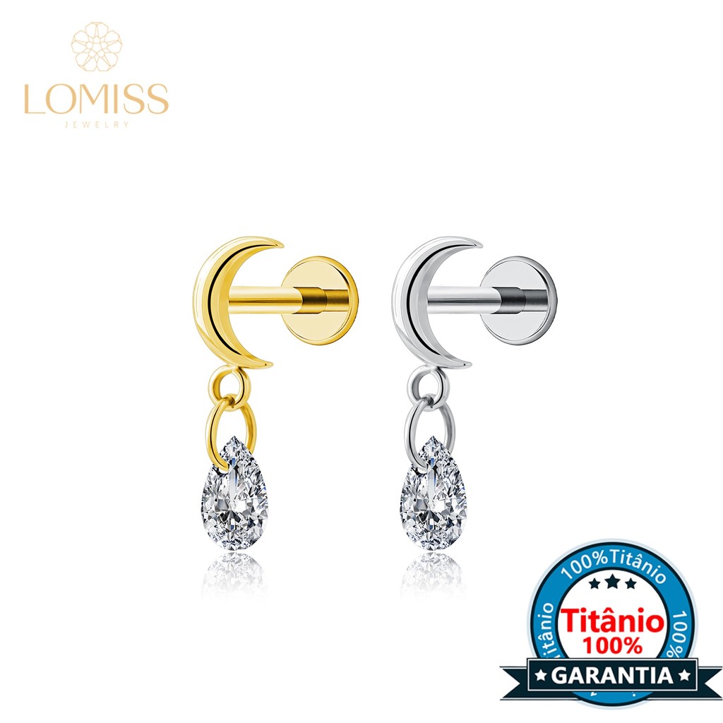 Piercing Orelha Labret Titânio Pvd Lua Pingente Gota Zircônia - Para Helix Tragus Conch Nariz Labret Lateral