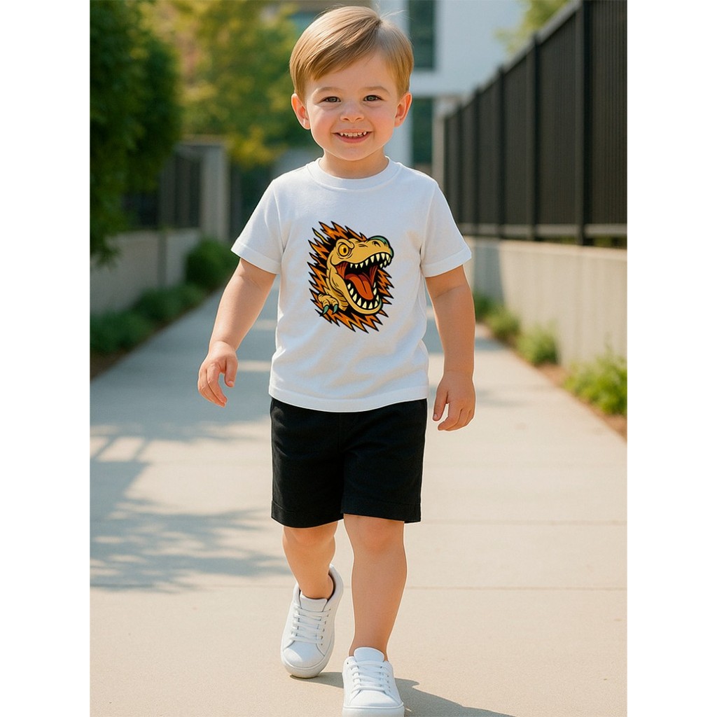 Conjunto Infantil Camiseta e Bermuda Estampa Dinossauro Casual Algodão Nobre