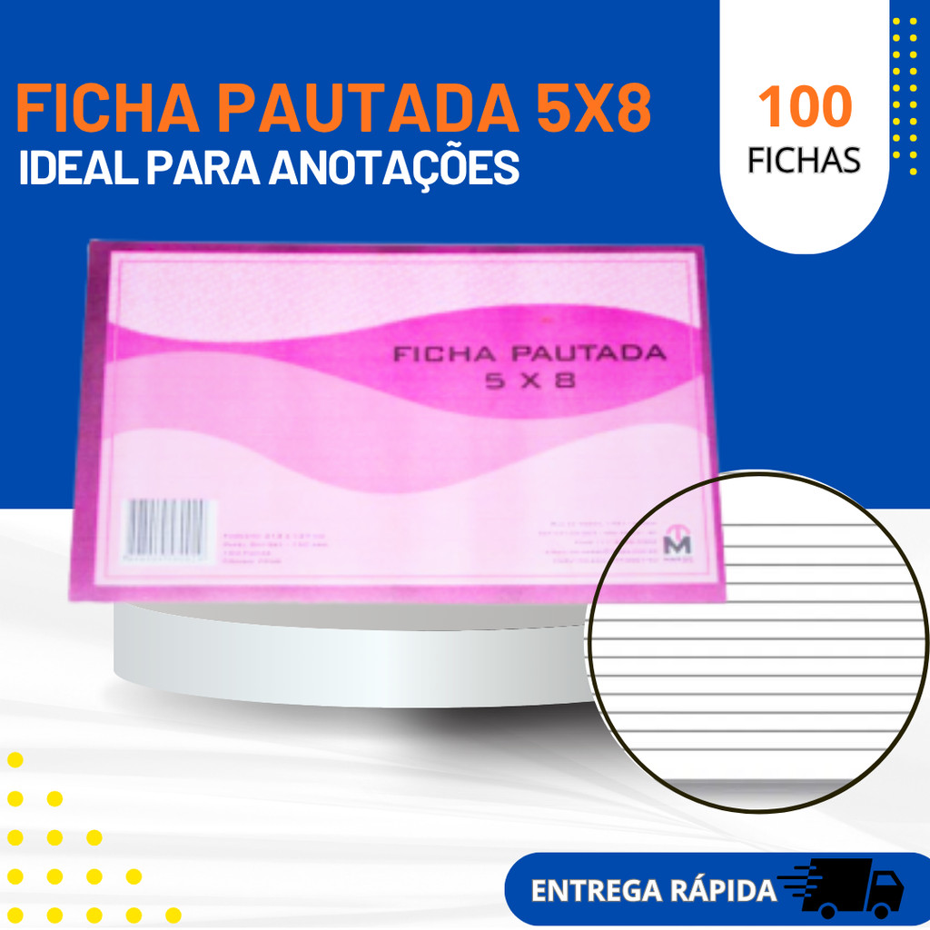 Ficha Pautada 5x8 Bloco 100 Folhas 213x127mm 150g Papel Off-Set Para Anotações Trabalhos escolares linhas Bem Traçadas.
