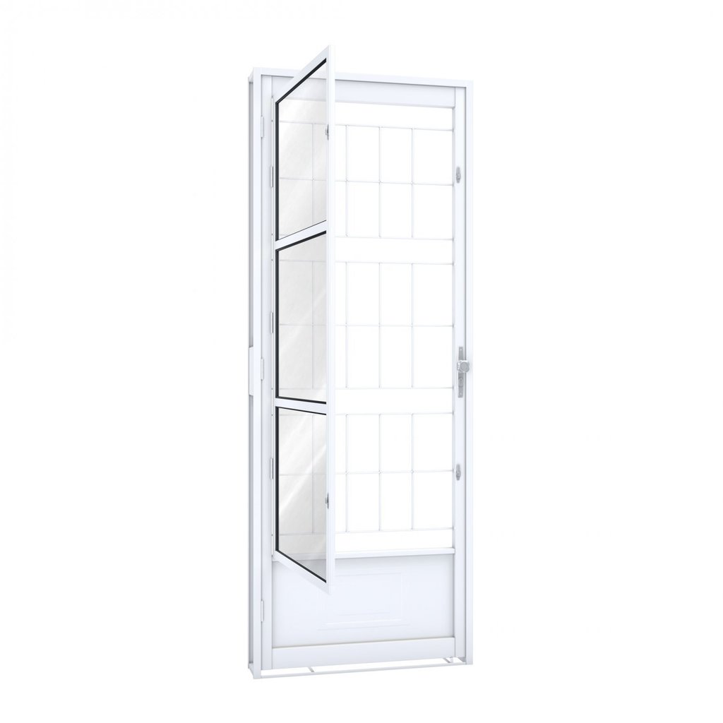 Porta de Aço Postigo 215x85cm com Grade Quadrada e Vidro Liso Riobras Branco Abertura Direita Direita