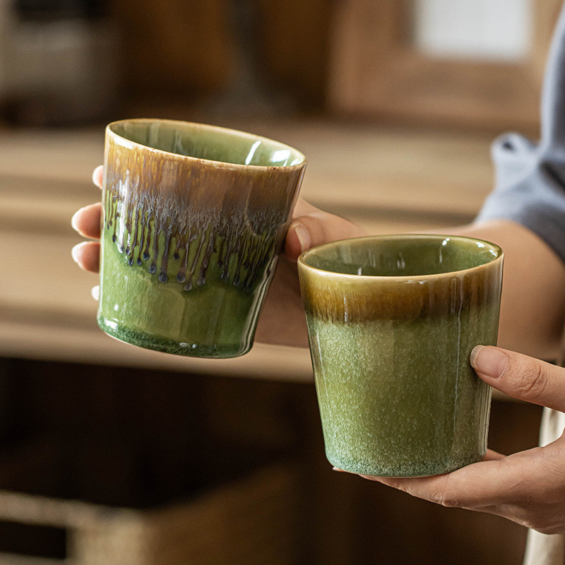 Copo sem alça, copo verde de forno retrô, copo de cerâmica doméstico, prato, copo de chá japonês, copo de água, copo de