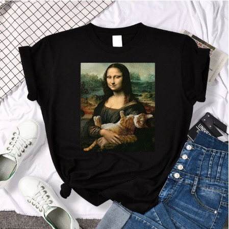 Camiseta Básica Unissex 100% Algodão Fio 30.1 Modelo Monalisa e Gato Lançamento 2026 em Oferta na Shopee