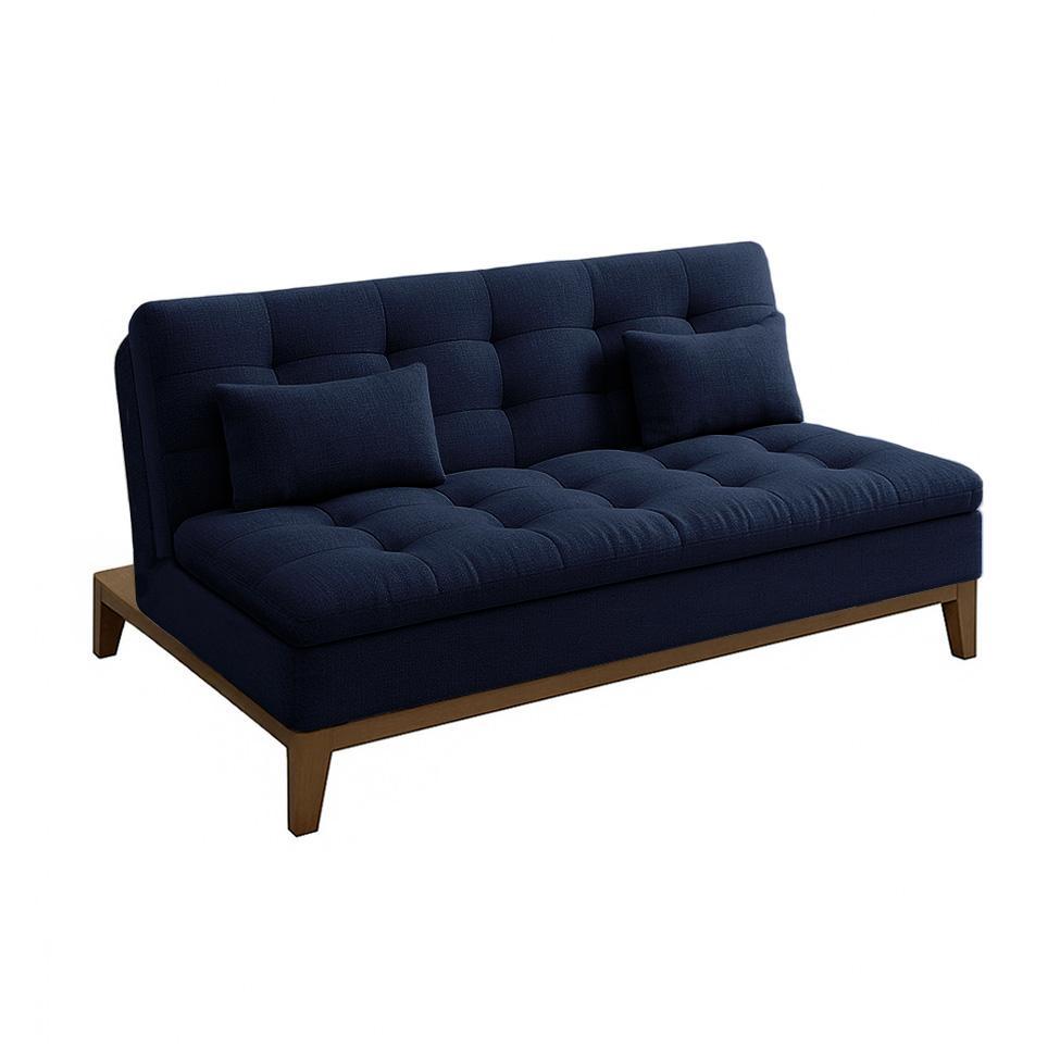 Sofá-Cama Casal 3 Lugares Premium Base e Pés de Madeira Linho Azul Marinho