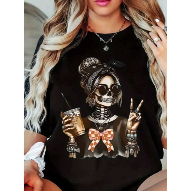Camiseta Feminina De Gola Redonda Estampada com Esqueleto Estiloso e Acessórios, em Oferta na Shopee