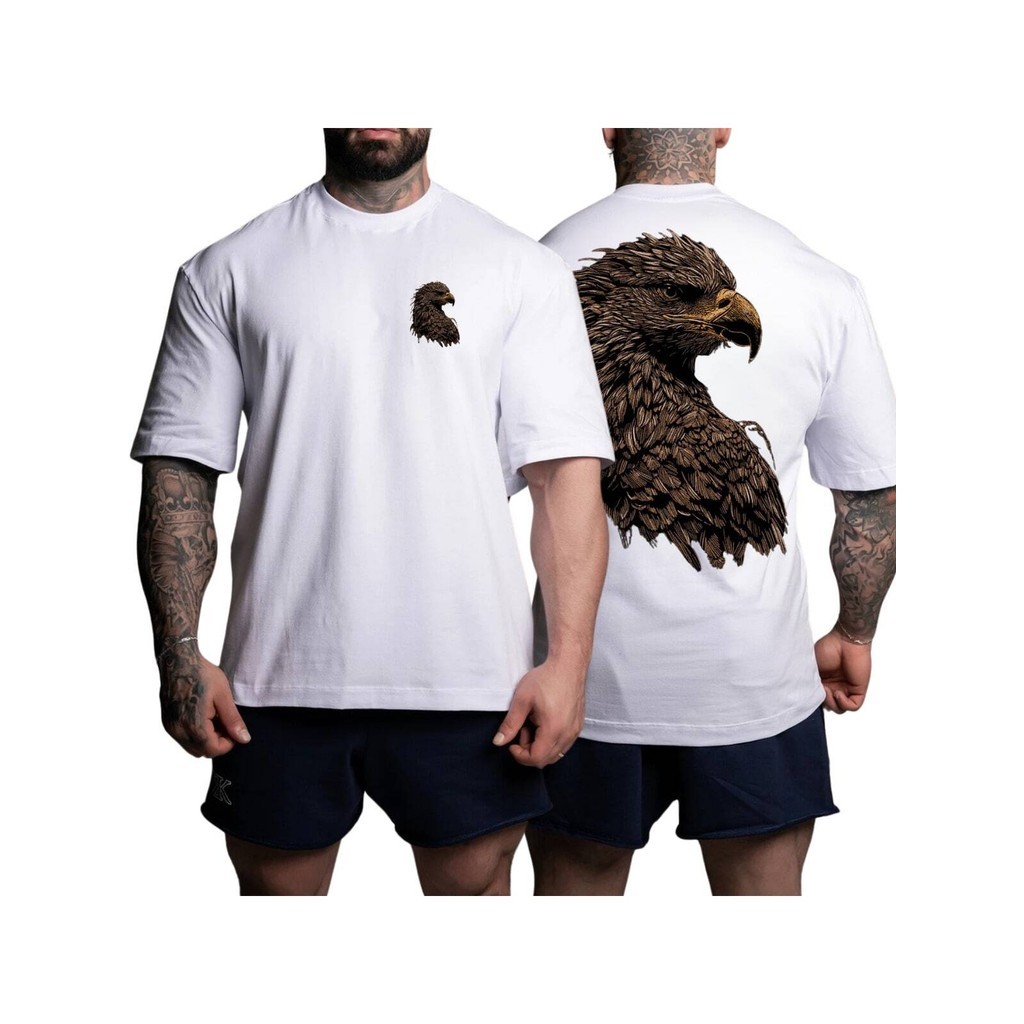 Camiseta Oversized estampada Branca Academia Confortável Algodão Modelo: "Águia" - Novidade Especial