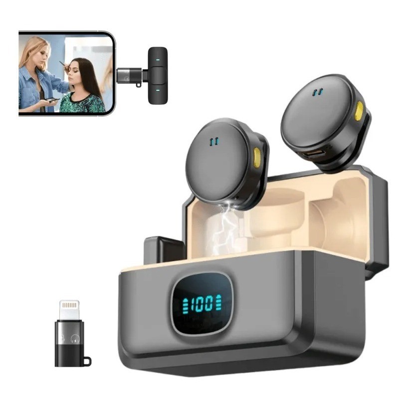 Microfone de Lapela Sem Fio Magnético Duplo Compatível Android iOS com Cancelamento de Ruído Novo Store