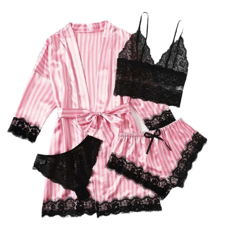 Mulheres Plus Size Sexy moda pijama de seda terno de quatro peças