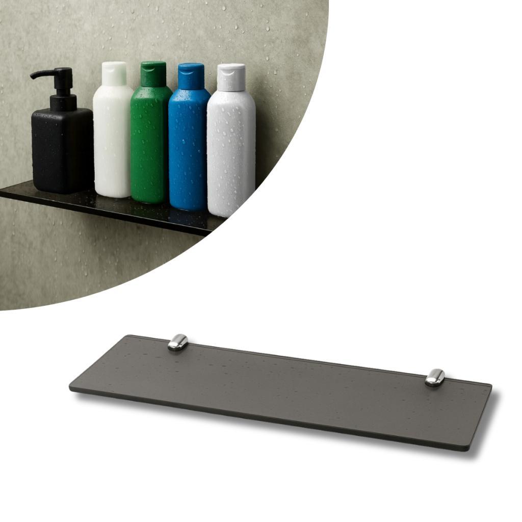 Prateleira de Vidro Porta Objetos 30cm VIdro Fumê com FIxação Dupla Cromada de Parede Multiuso Porta Shampoo Reto
