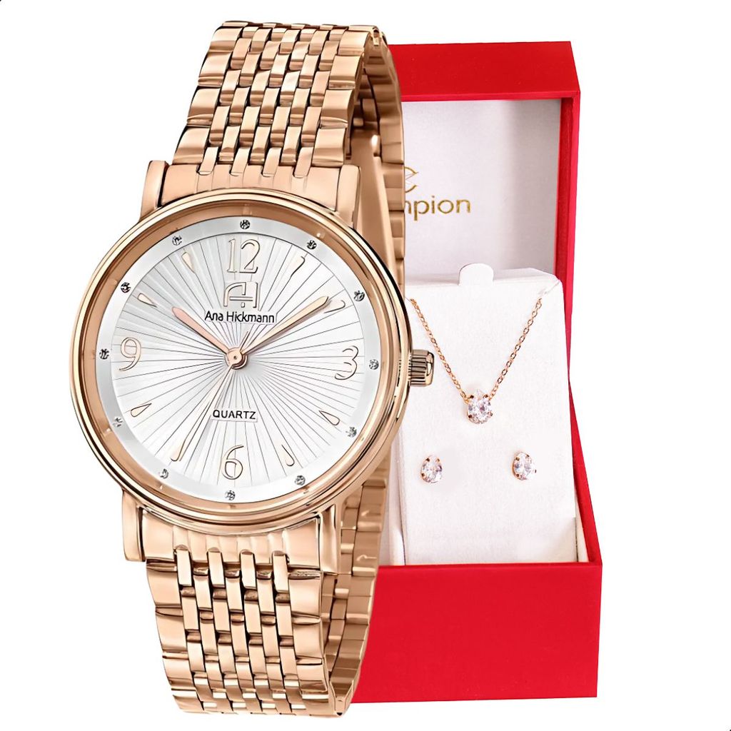 Relógio Champion Ana Hickmann Analógico Aço Rosé AH28893Z Kit Colar e Brincos