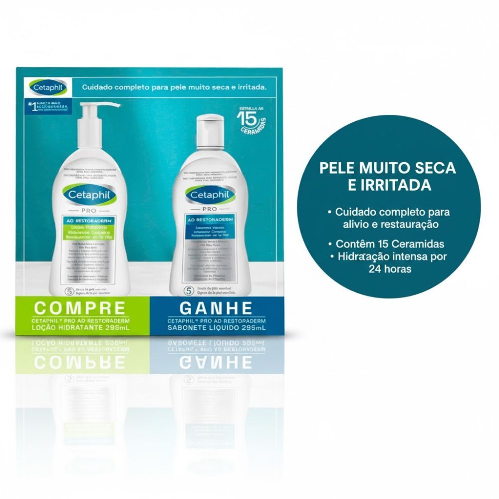 Detalhes do Kit Cetaphil Pro AD Restoraderm Loção Hidratante e Sabonete Líquido 295ml Cada
