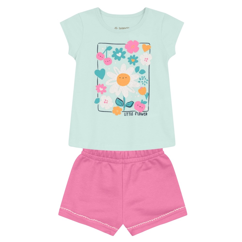 Conjunto Infantil Bebê Menina Blusa Estampa Florida e Shorts em Moletinho Brandili - Tam. M (3 à 6 meses)