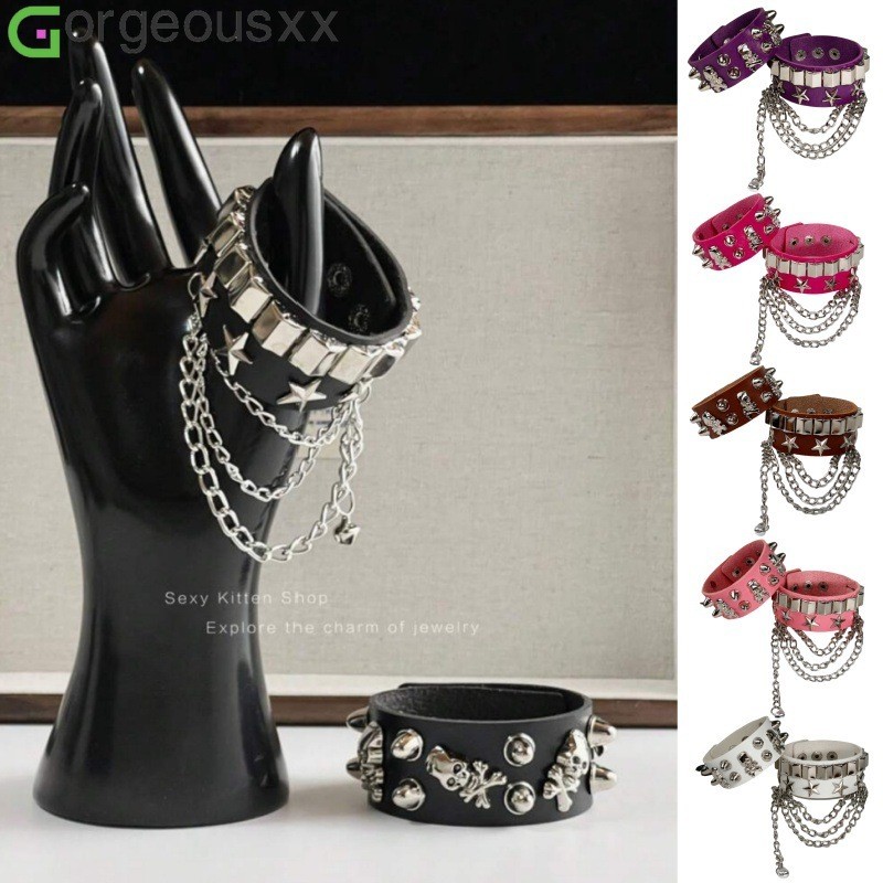 [Gorgeousxx] Conjunto De Pulseiras De Couro Com Rebite Multicamadas Punk Para Mulheres , Acessórios De Joias Dança De Ru