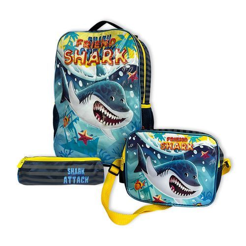 Kit Mochila Escolar Infantil Tubarão Amarela Resistente Conjunto Estojo Lancheira