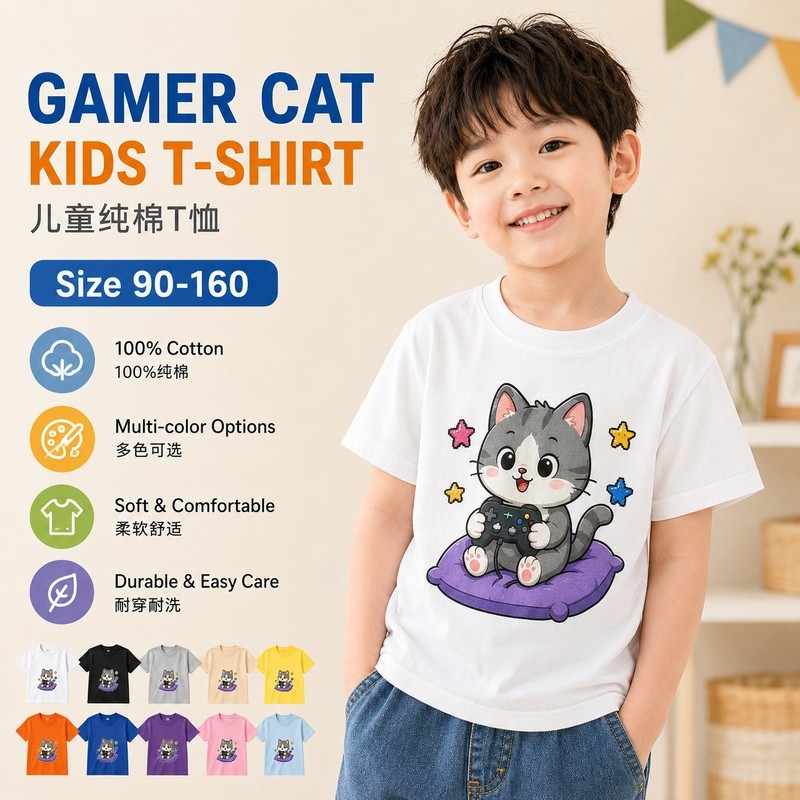 Camiseta infantil 100% algodão, top infantil com estampa de gatinho fofo, roupa infantil de manga curta, roupas infantis