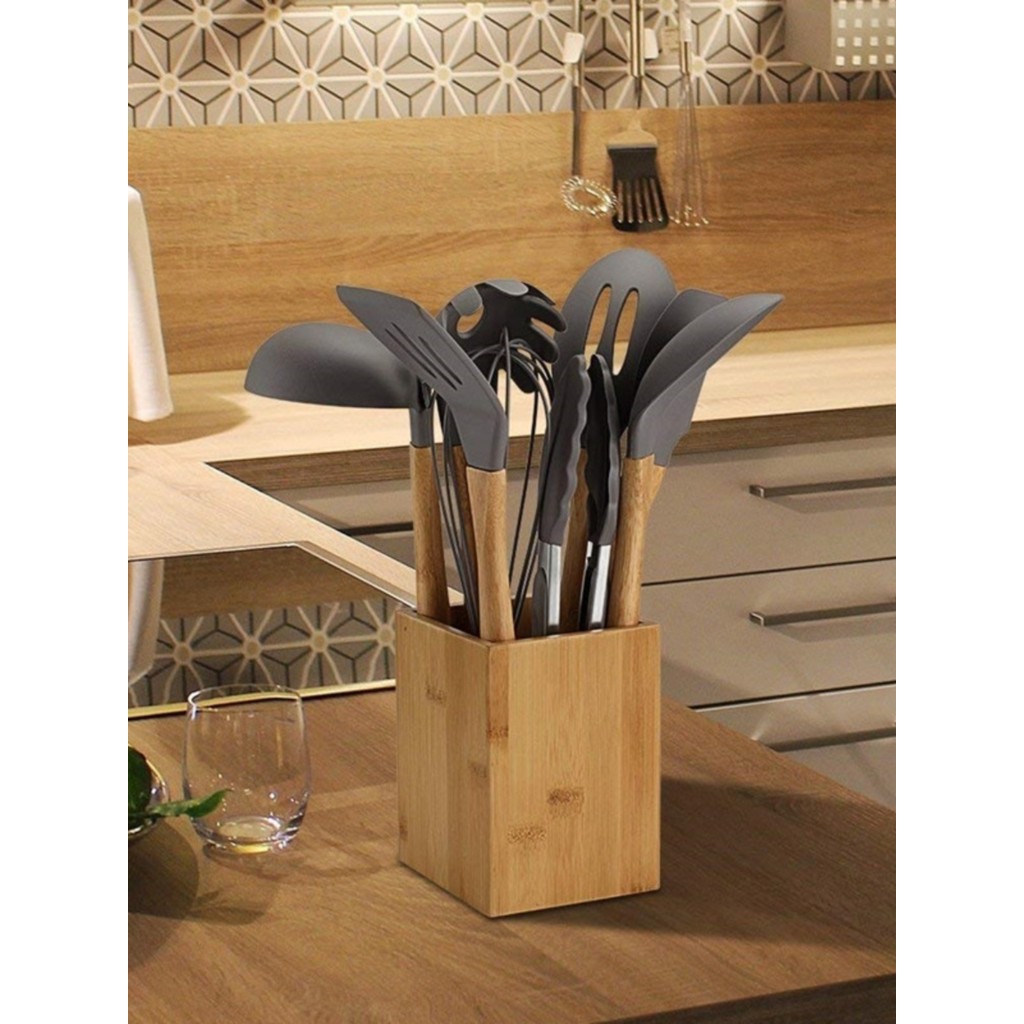 Espátula antiaderente com cabo de bambu de Silicone, conjunto de utensílios de cozinha, batedor de ovos, coador, colher 
