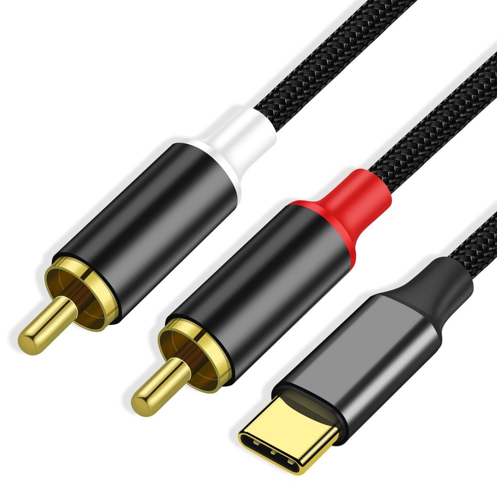 Cabo de Áudio USB Tipo C para Dual RCA, Adaptador Divisor de Áudio Auxiliar Estéreo USB C Macho para 2RCA Macho Compatív