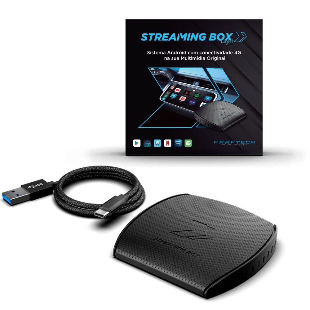 STREAMING BOX LIGHT ADAPTADOR ANDROID PARA MULTIMIDIAS ORIGINAIS COM APPLE CARPLAY/ANDROID AUTO SEM FIO 4G 64GB FAAFTECH