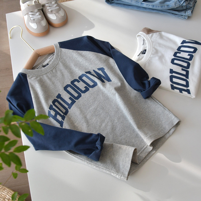 Meninos Raglan letras de bloqueio de cores camiseta de manga comprida versão coreana crianças Casual em torno do pescoço