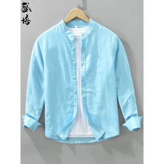 Camisa de linho masculina de manga comprida fina em torno do pescoço fresco Polegada camisa moda All-Match cor sólida to