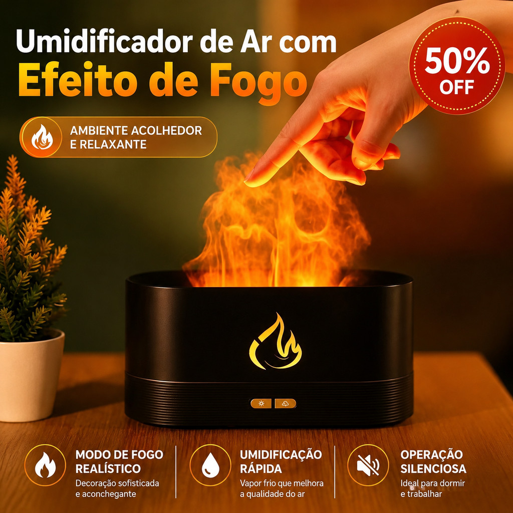 Umidificador Difusor Aroma Efeito Chama | Portátil USB Silencioso| Luminária Led Uso Doméstico Relaxamento Sono