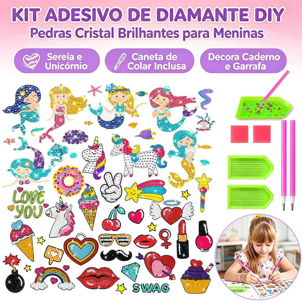 Kit Diamante Diy Infantil Sereia UnicóRnio C/ Caneta Cola DecoraçãO Caderno Presente AniversáRio Meninas
