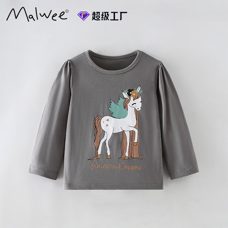 Malwee meninas camiseta primavera outono novo estilo europeu americano crianças em torno do pescoço manga longa menina p