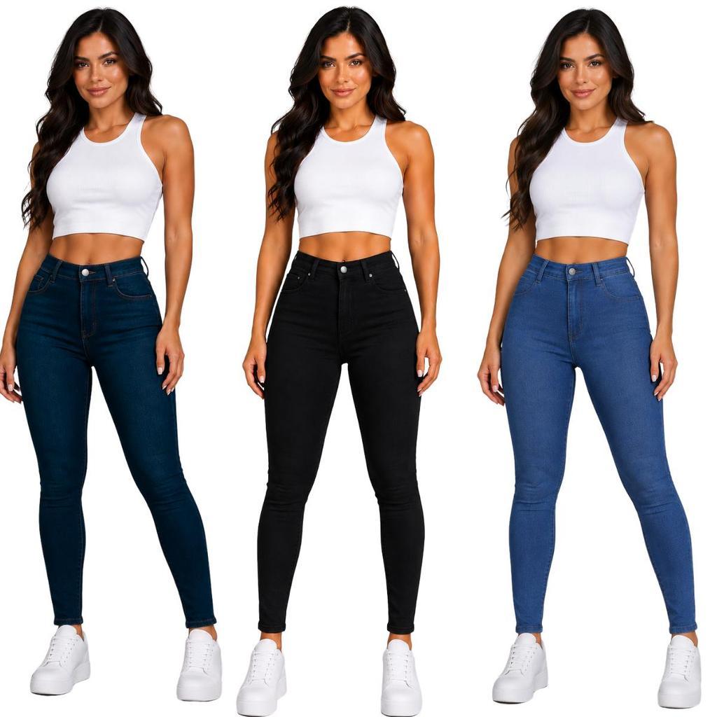 Kit 3 Calca Jeans Skinny Feminina Cintura Alta Premium